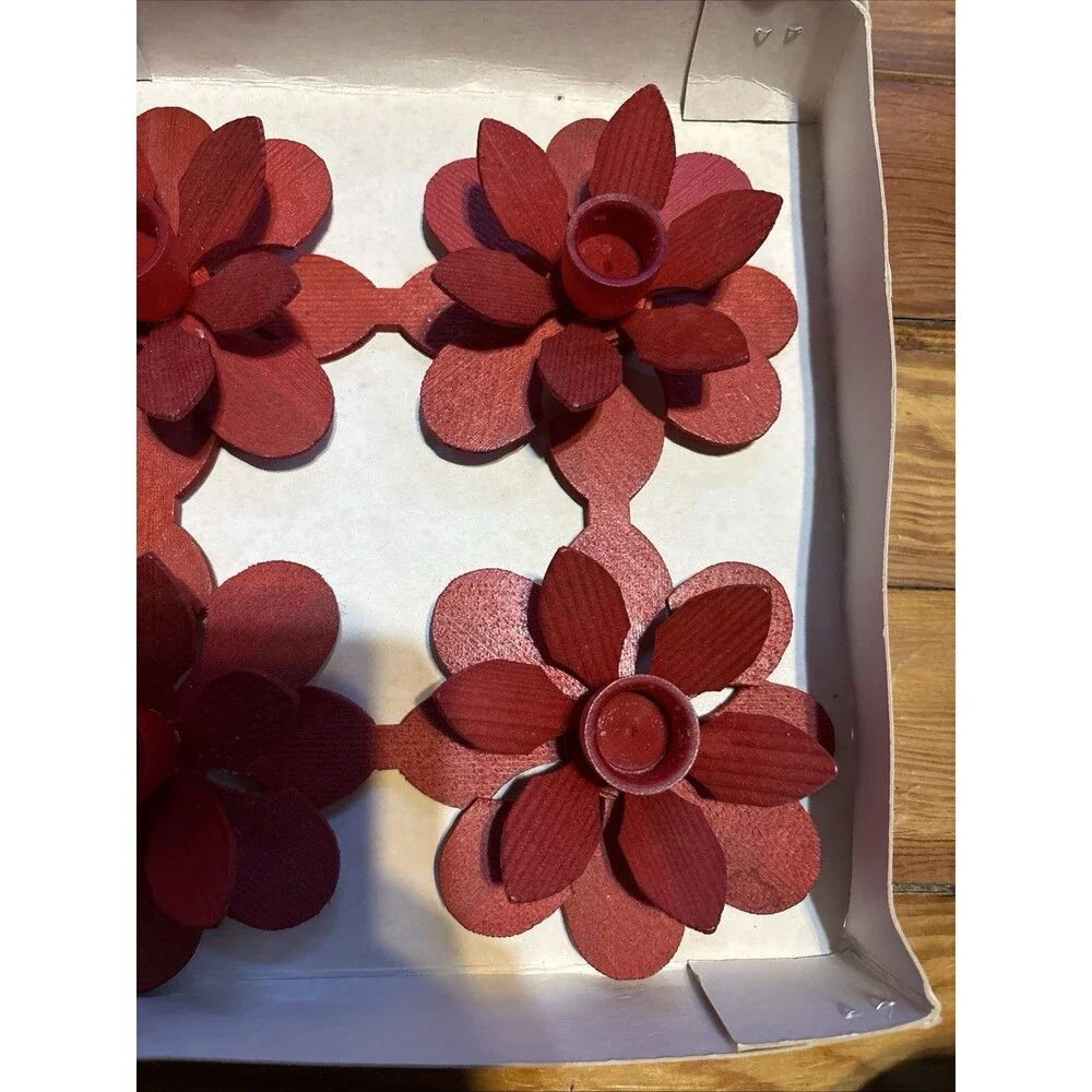 Pair SWEDISH Folk Art Wood 3D POINSETTIA Vintage Candle Holders